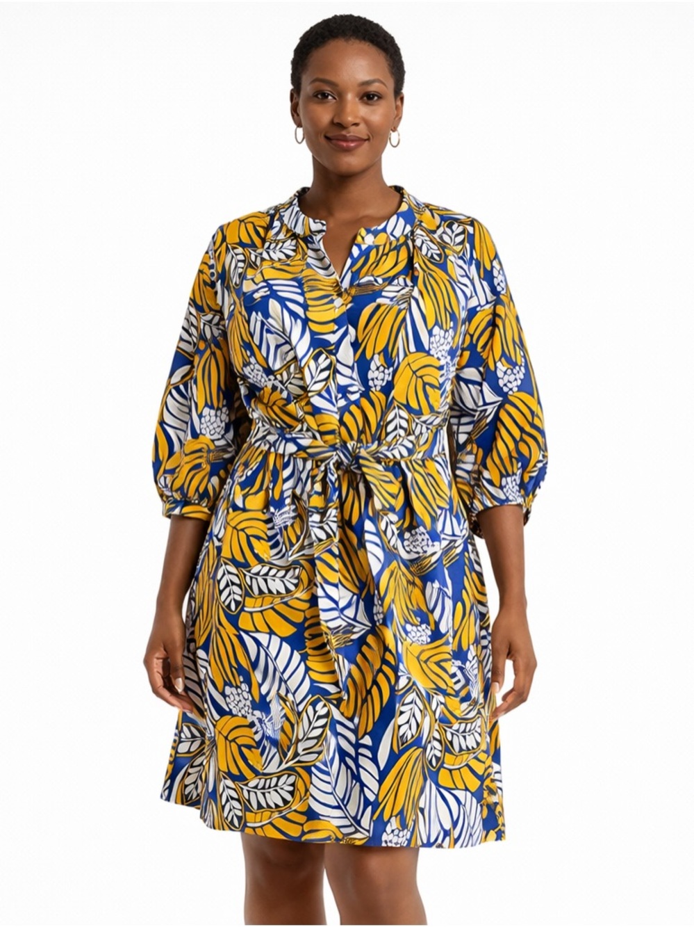 TALBOTS Plus Petite 18WP Tropical Leaf‎ Print Cotton Belted Button Front Dress